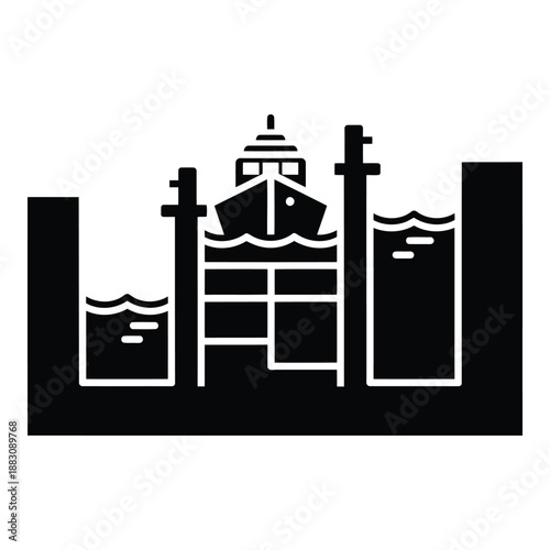 Ship entering dry dock isolated on white background, Vector