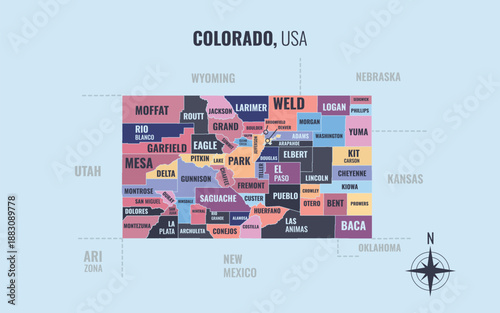 Quadro su tela A map showing CO Colorado USPS into County in a minimalist colorful style