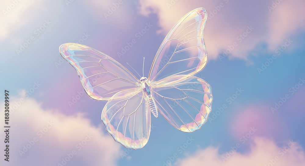 Naklejka premium Ethereal iridescent butterfly with delicate wings soaring through a pastel sky filled with soft clouds, a symbol of transformation and beauty in nature