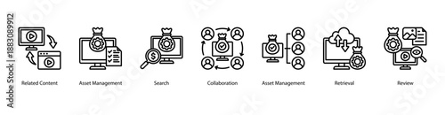 Structured Retrieval Tools web banner vector illustration featuring Related Content, Asset Management, Search, Collaboration, Asset Management, Retrieval, and Review.
