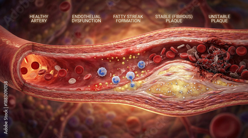Medical cross-section showing atherosclerosis stages from healthy artery to fatty streak, fibrous plaque, and unstable rupture with thrombosis and restricted blood flow