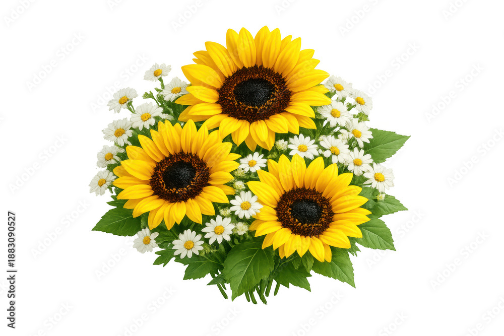 Obraz premium Sunflowers and daisies bouquet creating a vibrant floral arrangement with lush green leaves