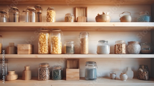 Wallpaper Mural Organized kitchen pantry with various glass jars filled with dry food on wooden shelves. Storage and natural food concept for healthy eating. Torontodigital.ca