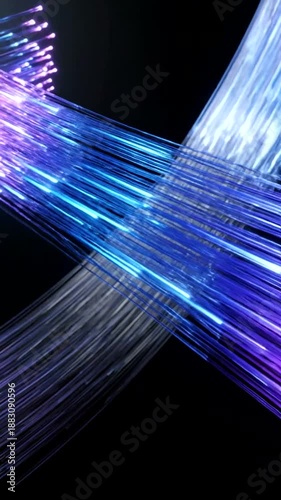 Fiber Optic Cables Illuminating with Vibrant Blue and Purple Light on a Dark Background, Representing High-Speed Data Transmission and Modern Communication Technology.