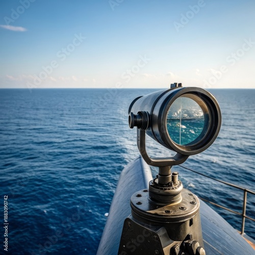 A submarine periscope lens focused intently on the vast ocean horizon under a clear blue sky