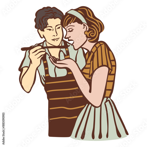 Vintage couple trying food