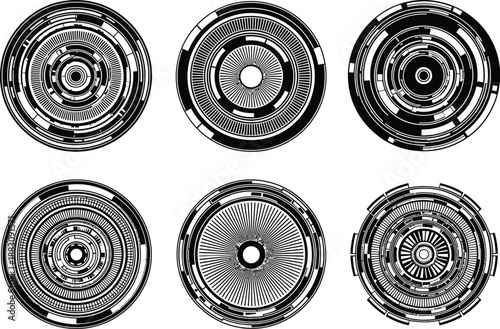 Detailed black circular heads-up display elements for futuristic UI systems and technological graphics.