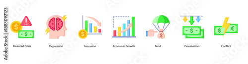 Financial Crisis Indicators web banner vector illustration featuring Financial Crisis, Depression, Recession, Economic Growth, Fund, Devaluation, and Conflict.