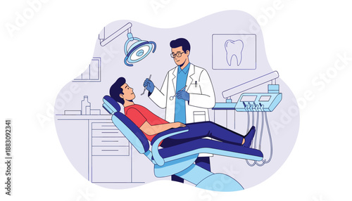Professional dental vector illustration of dentist and patient in chair with tools light and clean healthcare atmosphere