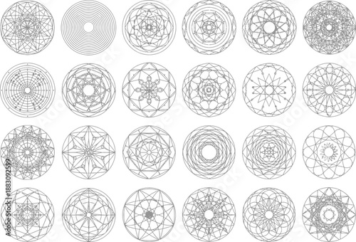 Collection of twenty-four geometric spirograph mandalas and intricate sacred geometry line art patterns.