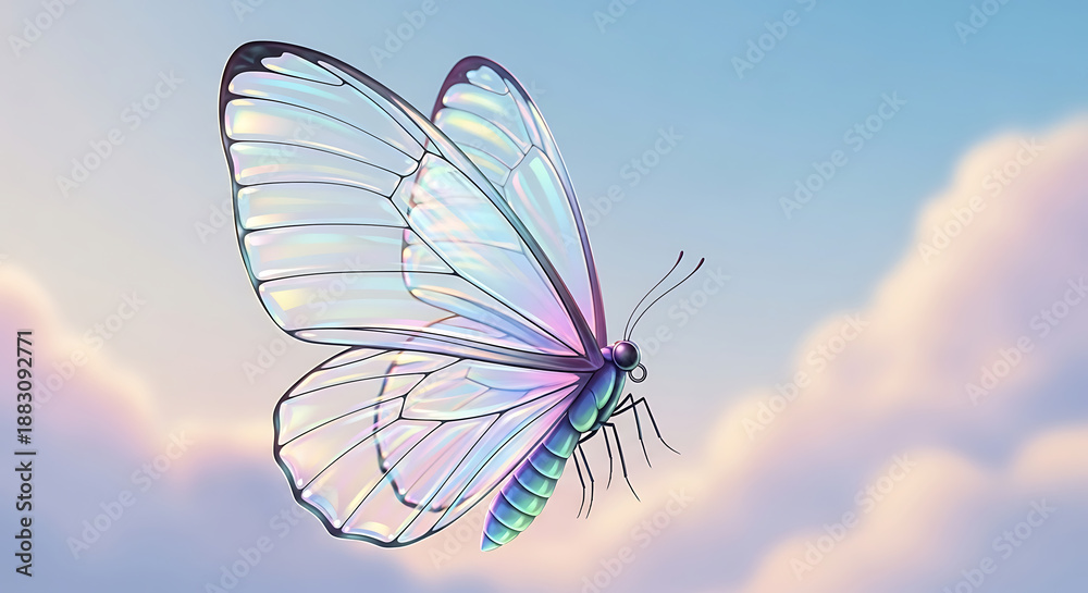 Obraz premium Ethereal iridescent butterfly with translucent wings gracefully soaring through a pastel sky with soft clouds, a symbol of transformation and beauty
