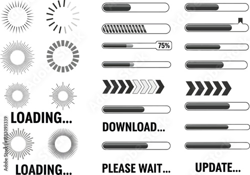 Collection of minimalist loading and progress indicator symbols for websites and applications featuring bars and rays.
