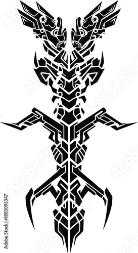 Abstract Cybernetic Totem Illustration in Black and White, Futuristic Geometric Tribal Tattoo Design with Mechanical and Biomechanical Elements
