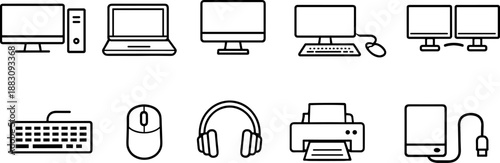 Computer devices icons set. Desktop, laptop, monitor and digital workspace outline symbols