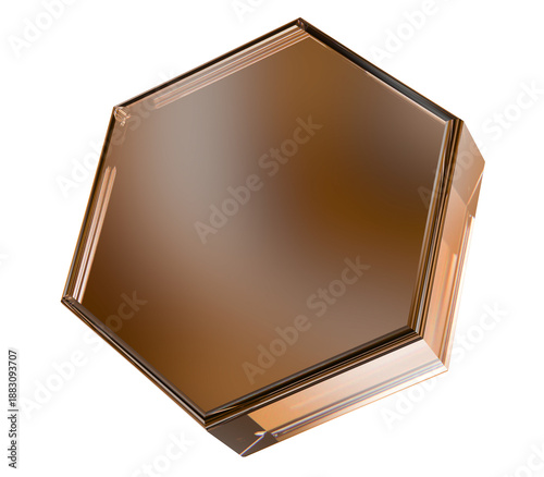 Polished Bronze Octagonal Glass Block Isolated on White Background, Abstract Luxury Geometric Display Platform.