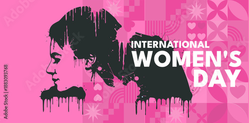 International women's day, vector illustration of female silhouette on pink geometric pattern background