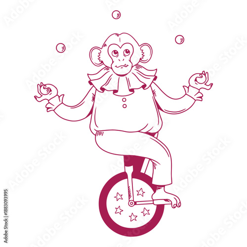 A mischievous monkey juggler balancing on a single-wheel bicycle