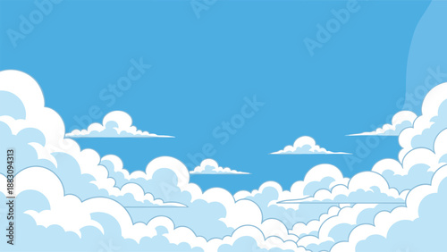 Cartoon clouds, blue sky background, fluffy weather design, soft cloudscape, dreamy atmosphere, clean sky, flat vector illustration