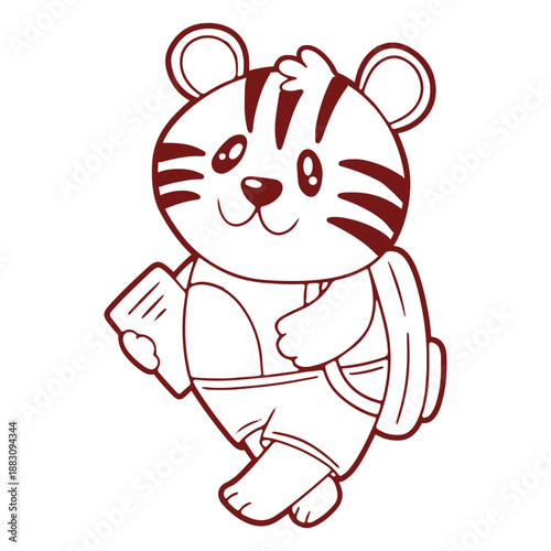 Cute little tiger in kawaii style ready to go to school