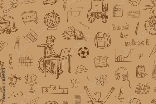Seamless pattern of inclusivity theme in doodle style. Inclusive education. School students. School kids in a wheelchair. Teen boy in a wheelchair. Back to school. 