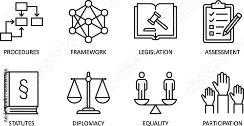 Professional Legal Vector Icon Set Featuring Procedures Framework Legislation Assessment Statutes Diplomacy Equality Participation Global Justice Law Governance Policy Compliance Rights