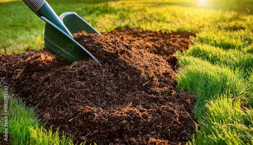 Compost Top Dressing Applied To A Lawn Promoting Healthy Growth Of Grass And Plants In A Vibrant Outdoor Setting