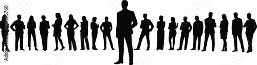 Business silhouette group with central leader figure, corporate hierarchy, leadership concept, black design, minimal art, professional unity