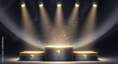 Award podium with spotlight for 1st 2nd and 3rd place winners