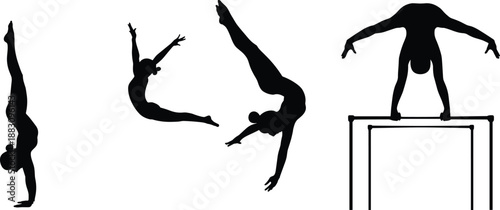 Gymnast silhouettes performing acrobatics, athletic poses, handstand, tumbling motion, parallel bars, strength, flexibility, black design, minimal art