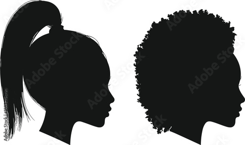 Hair profile silhouettes, diverse hairstyles, cultural representation, ponytail and curly hair, black design, minimal art, face-to-face concept