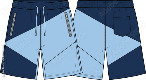 Color-blocked shorts front and back view, drawstring waist with zip pockets and patch pocket, fashion sketch, flat vector illustration