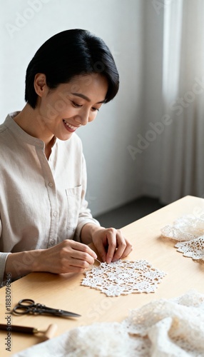 Woman smiling, meticulously crafting delicate lace art with scissors