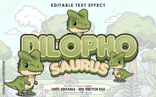 Editable text effect featuring a cute Dilophosaurus dinosaur illustration with a jungle background.