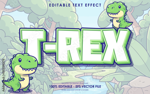 Editable text effect featuring a cute cartoon T-Rex dinosaur in a jungle setting