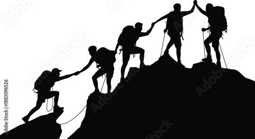 Mountain climbers silhouette on steep peak, teamwork concept, adventure, support, black design, minimal art, outdoor challenge, ascent