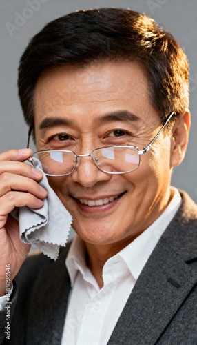 Smiling middle-aged man in glasses, wiping lenses with a cloth, grey background