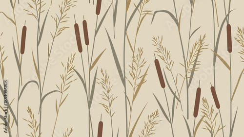Seamless pattern of cattails and reeds in muted earthy tones, natural background