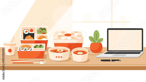 Lunchtime Workspace Depiction: Bento Boxes, Soup, Laptop, And Office Desk Composition