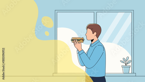 Man Enjoying Sandwich Near a Window Depicting the Joy of a Midday Meal