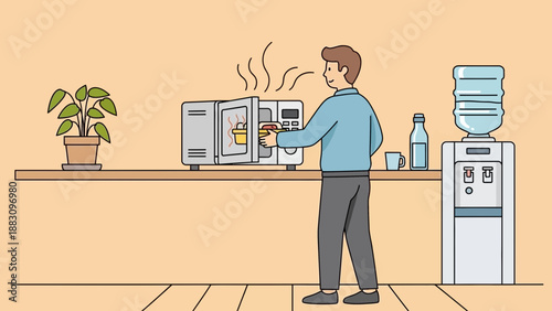 Man Reheating Lunch in Microwave Oven at the Office, Everyday Life Illustration