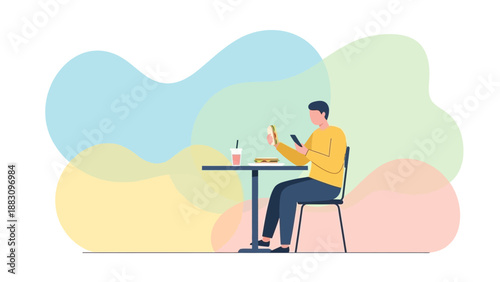 Man In Yellow Sweater Uses Phone While Eating Fast Food At The Restaurant