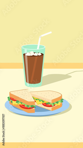 Inviting Lunchtime Still Life Depicting a Delicious Sandwich Paired with Chilled Cocoa Drink
