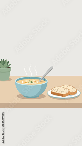 Inviting Soup Bowl Alongside Sliced Bread on a Wooden Table, Artistic Depiction of Warmth