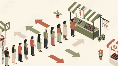 Isometric Illustration Of Shoppers Queuing at a Farmers Market to Purchase Fresh Produce