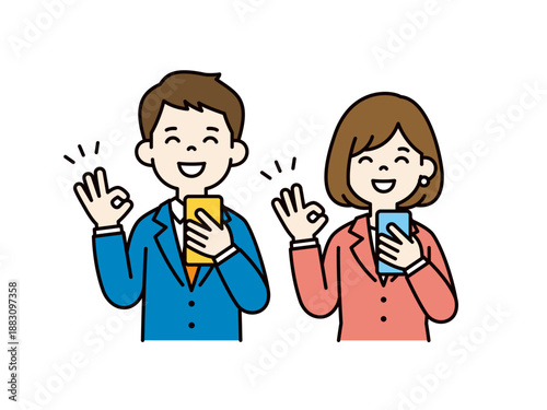 スマホを持ってOKサインをする、若い男女のビジネスパーソンのベクターイラスト素材セット