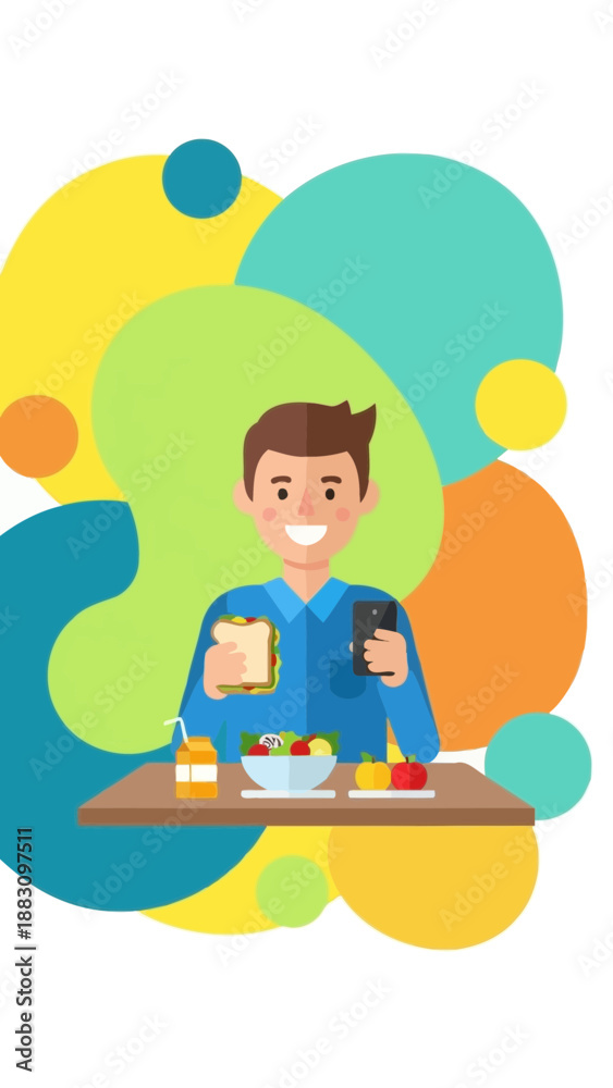 Fototapeta premium Joyful Individual Enjoying Lunch While Simultaneously Engaging With Modern Technology in Vector