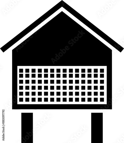 An animal shelter building or chicken coop icon. Flat black and white animal housing symbol for farm or pet care illustration