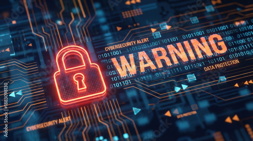 A glowing red padlock and WARNING text on a futuristic circuit board background with binary code. Symbolizes cybersecurity alert, data protection, network vulnerability, and digital privacy threat.