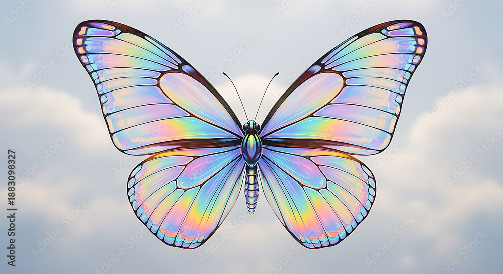 Fototapeta premium Mesmerizing holographic butterfly in vibrant iridescent hues, its delicate wings reflecting a spectrum of colors against a serene sky, embodying beauty and change