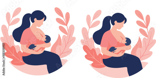 Flat vector illustration of mother breastfeeding baby, maternal care concept, nurturing moment, infant nutrition, emotional bonding, soft leaf decor